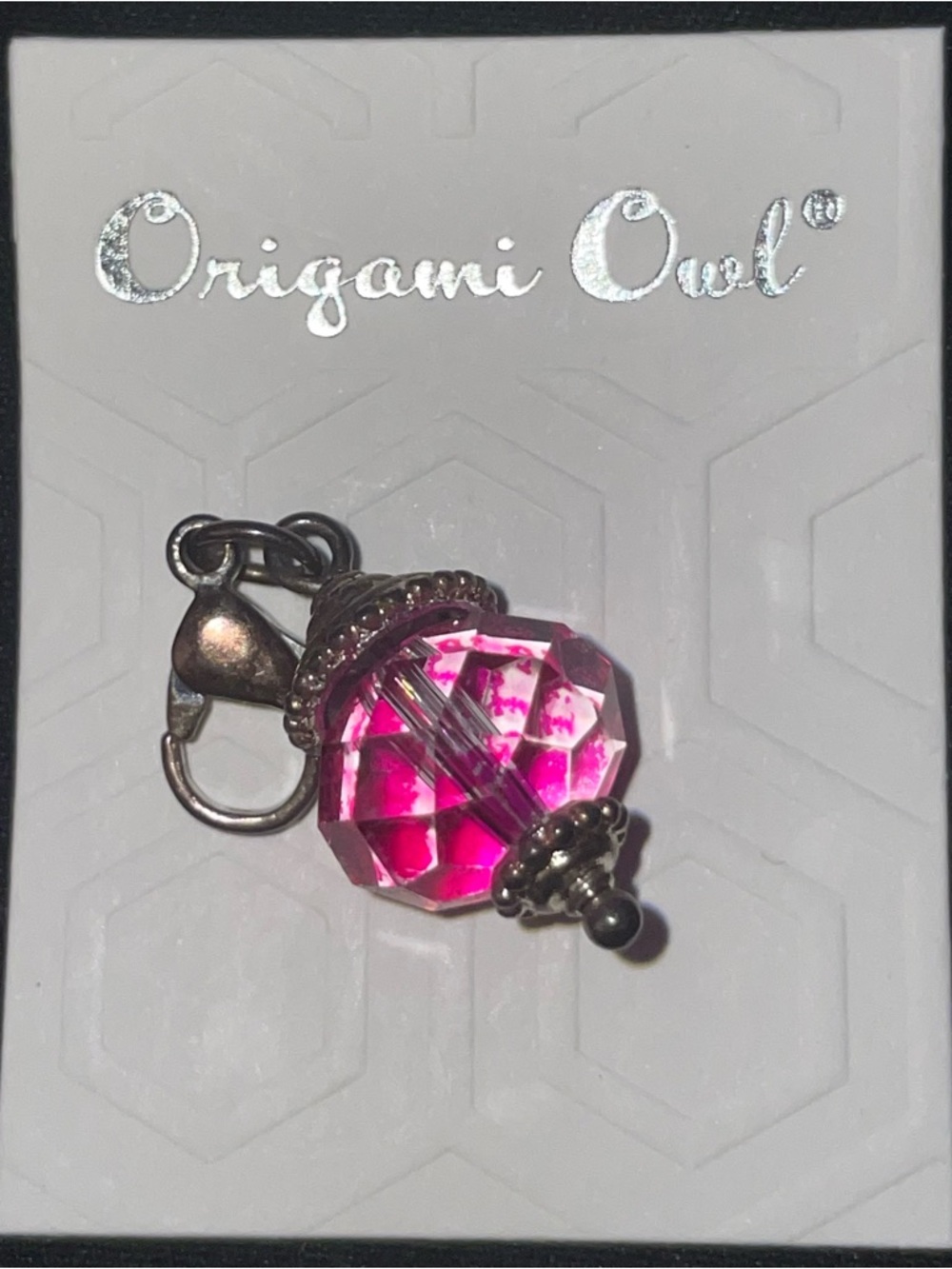 Origami Owl Hot Pink Faceted Crystal Dangle Charm with Silver-Tone Accents